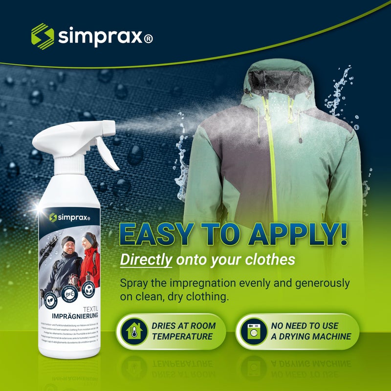 simpraxÂ® Textile Waterproof Spray Eco-Friendly & Skin-Safe | Water-Based Waterproofing for Gore-Tex, Sympatex & Softshell | Biodegradable Waterproofing Spray for Fabric Outdoor | Made in Germany - Image 3